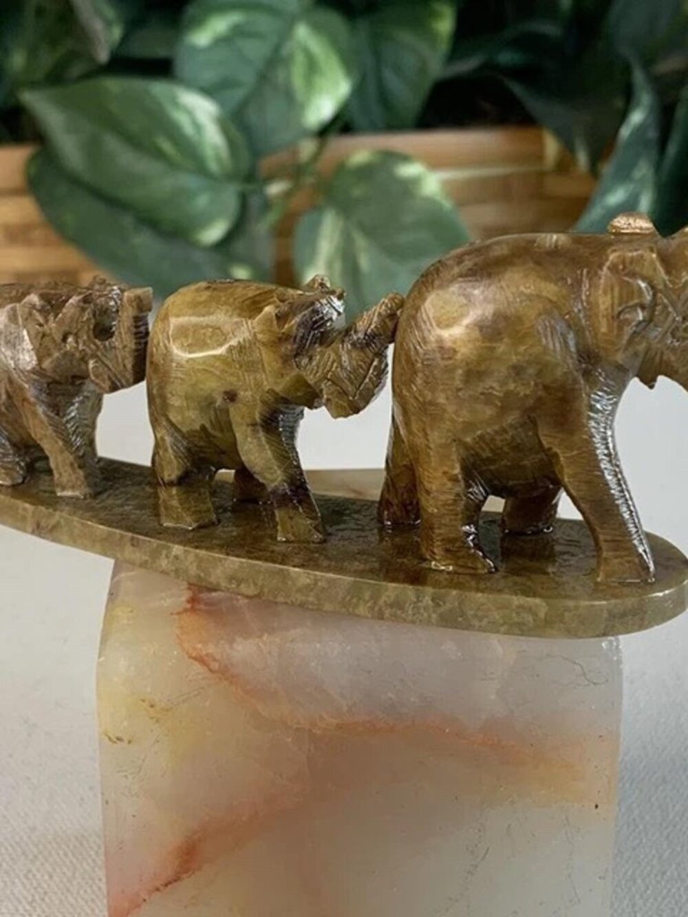 Carved Soapstone Incense Holder Burner Elephant Family Figurine Sculpture 4.6"